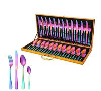 Dish Set,Silverware Flatware, 48-Piece Stainless Steel Cutlery in Wooden Box for 12 People for Hotel Home Steak Knife, Fork and Spoon(Rainbow)
