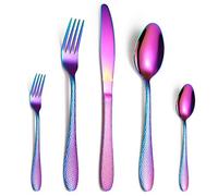 Dish Set,Silverware Flatware, 5/20/30/40/50/60 Pieces Stainless Steel Hammered Tableware Creative Home Steak Golden Knife, Fork and Spoon(Rainbow,6Set 30Pcs)