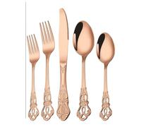 Dish Set,Silverware Flatware, 5-Piece Stainless Steel Cutlery Retro Relief 5 Main Pieces for 1 People Steak Knife Fork Spoon(Rose Gold)