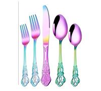 Dish Set,Silverware Flatware, 5-Piece Stainless Steel Cutlery Retro Relief 5 Main Pieces for 1 People Steak Knife Fork Spoon(Rainbow)