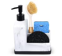 Dish Soap Dispenser with Sponge Holder,White Marble Look Liquid Hand and Dish Soap Dispenser and Spong Caddy with Brush Holder 3 in 1 Countertop Organizer for Kitchen Sink and Bathroom,White