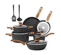 DishDelight 12pcs Induction Hob Pots and Pans Sets Non Stick Granite Kitchen Cookware Set Cooking Pot Saucepan Set with Lids Circulon Frying Pan(Black)