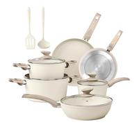 DishDelight 12pcs Induction Hob Pots and Pans Sets Non Stick Granite Kitchen Cookware Set Cooking Pot Saucepan Set with Lids Circulon Frying Pan(Beige)