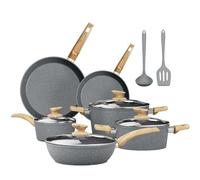 DishDelight 12pcs Induction Hob Pots and Pans Sets Non Stick Granite Kitchen Cookware Set Cooking Pot Saucepan Set with Lids Frying Pan(Grey)
