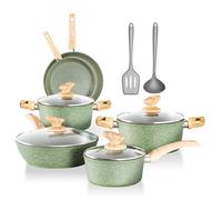 DishDelight 12pcs Induction Hob Pots and Pans Sets Non Stick Granite Kitchen Cookware Set Cooking Pot Saucepan Set with Lids Circulon Frying Pan(Green)