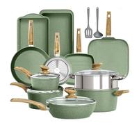 DishDelight 17pcs Kitchen Cookware Set Pots and Pans Set Non Stick Induction Hob Pan Set Frying Pan with Lids Granite Coated Saucepans Set (Green)