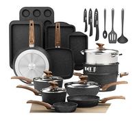 DishDelight 30pcs Bakeware and Cookware Set Pots and Pans Sets Non Stick Induction Hob Pan Set Granite Coated Cooking Saucepans Set(Black)