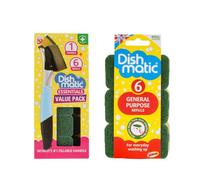 Dishmatic Essentials Starter Pack with 1 Handle & 6 Refills + Dishmatic General Purpose Refills 6 Pack Refillable Washing-Up Tool with Long-Lasting Interchangeable Sponge Heads.