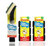 Dishmatic I-Stand Fillable Soap-Dispensing Washing-Up Handle With Black Sponge + 2 X 3-Pack Antibacterial Refill Sponges