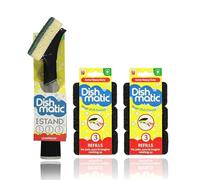 Dishmatic Leakproof Washing Up Brush Set- Self Standing Bacteria Free Kitchen Scourer including 6x Extra Heavy Duty Refills (Color May Vary)