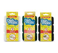 Dishmatic Refills Sponge 9 Pack Mixed Replacement Sponge Heads 3 Non Scratch 3 General Purpose & 3 Heavy Duty Scourers for Dishes Pots Pans Kitchen & Bathroom