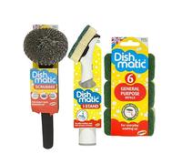 Dishmatic Scrubbee Handle with Stainless Steel Scourer General Purpose Refills 6 Pack & I-Stand Fillable Washing Up Handle with Adjustable Flow Control Interchangeable Refills