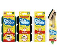 Dishmatic Washing Up Brush Bundle - 1 Handle, 1 Green General Purpose Refill Pack, 1 Black Extra Heavy Duty Refill Pack & 1 White Non Scratch Refill Pack