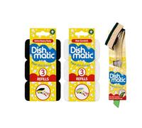 Dishmatic Washing Up Brush Bundle - 1 Handle with Black Extra Heavy Duty & White Non Scratch Refill Packs, Sponge on a Stick, Dish Scrubber & Kitchen Cleaning Set