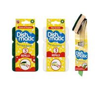 Dishmatic Washing Up Brush Bundle - 1 Handle with Green General Purpose & White Non Scratch Refill Packs, Sponge on a Stick, Dish Scrubber & Kitchen Cleaning Set