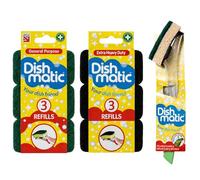 Dishmatic Washing Up Brush Bundle with Green & Black Refill Sponges - Sponge on a Stick, Dish Scrubber, Scourer & Kitchen Cleaning Sponge Set