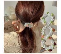 Dishowme 3Pcs Multicolor Rose Flower Hair Scrunchies Elastic Stretchy Beads Hair Bands Faux Pearl Ponytail Holders Hair Accessories for Women