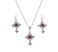 Dishowme Crystal Cross Necklace Earrings Sets Gothic Rhinestone Cross Necklace 3Pcs Punk Christian Pray Crucifix Jewelry for Women (Red)