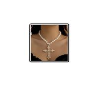Dishowme Crystal Pearl Cross Necklace Punk Faux Pearl Pendant Necklace Chain Vintage Rhinestone Crucifix Jewelry for Women (Gold)