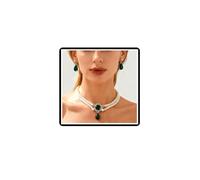 Dishowme Crystal Wedding Pearl Necklace Earrings Sets French Bridal Rhinestone Collar Necklace Chain Layered Faux Pearl Jewelry Sets for Women (Green)