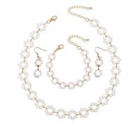 Dishowme Pearl Flower Necklace Earrings Bracelet Set 4Pcs Vintage Faux Pearl Strands Choker Collar Necklace Jewelry Sets for Women