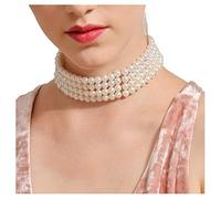 Dishowme Pearl Strands Choker Necklace Wide Multilayered Faux Pearl Necklace White Pearl Beads Chain Jewelry Silver Plated for Women Girls