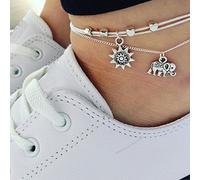 Dishowme Sunflower Elephant Anklet Bracelet Turtle Beads Foot Chain Wax Rope Summer Beach Barefoot Sandal Jewelry for Women (White)