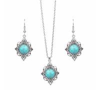 Dishowme Turquoise Necklace Earrings Set Bohemian Gemstone Flower Pendant Necklace 3Pcs Vintage Geometric Water Drop Western Costume Dangle Jewelry for Women Girls (Blue C)
