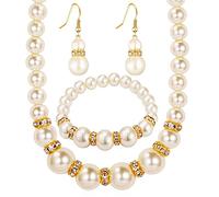 Dishowme Wedding Pearl Necklace Earrings Set Crystal Bridal Faux Pearl Pendant Necklace Bracelet Dangle Jewelry for Women Grils Brides Bridesmaids (Gold)
