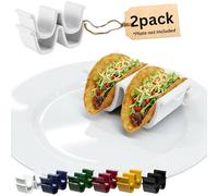 DishSaver Taco Holder Ceramic, Dual Taco Stand for Dinner Plate - Compact Taco Rack 2-Slot for Hard Shell Tacos, Plate-Friendly Taco Server Mini Taco Holder, Taco Heater for Microwave Oven - 2 Pack