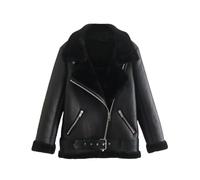 Disimlarl Women Thick Warm Faux Jackets Double-Faced Moto & Biker Coats Asymmetrical Belt Outerwear Black L