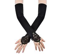 Disnace Black Long Glove, Women's Opera Gloves, Satin Classic 1920s Style, Festival Party, Audrey Hepburn Gloves, Elegant Fingerless Gloves for Women, Girls, Halloween, Carnival, Fancy Dress, black,