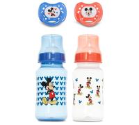 Disney Baby Bottle and Pacifier Set - 2 Hourglass Shaped 11oz Bottles + 2 Orthodontic Pacifiers - Officially Licensed Mickey Minnie Pooh & Dumbo Designs - BPA Free Feeding Gift Set