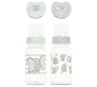 Disney Baby Bottle and Pacifier Set - 2 Hourglass Shaped 11oz Bottles + 2 Orthodontic Pacifiers - Officially Licensed Mickey Minnie Pooh & Dumbo Designs - BPA Free Feeding Gift Set