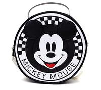 Disney Bag, Cross Body, Round, Mickey Mouse Smiling Face Applique Checker White Black, Vegan Leather, Black, 8.0" x 8.0"