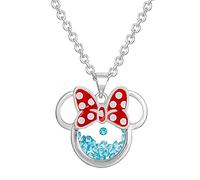 Disney Birthstone Women and Girls Jewelry Minnie Mouse Silver Plated March Aquamarine Light Blue Swarovski Cubic Zirconia Shaker Pendant Necklace, 18+2" Extender
