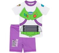 Disney Pixar Toy Story Buzz Lightyear Swimsuit for Boys | Purple Green Rescue Two-Piece Top Shorts Bathing Suit Swim Set | Kids Space Ranger Swimwear