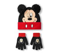 Disney Mickey Mouse Boys Beanie Hat & Gloves Set | Black & Red Knitted Winter Hat with Pom Poms | Kids One Size Hat & Gloves with Mickey Mouse Character Face | Classic Cartoon Merchandise Gift