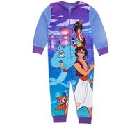 Disney Aladdin Girls Onesie in Blue | Kids All In One Fleece Pyjama Loungewear | Genie Jafar Abu PJs Sleepsuit Nightwear | Movie Pajama Bodysuit Romper Merchandise Gift for Children