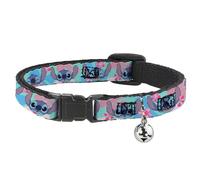 Disney Breakaway Cat Collar with Bell, Easy Adjustable, Lilo and Stitch Stitch Expressions and Flowers Blues Pinks, 8.5 to 12 Inches 0.5 Inch Wide