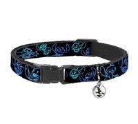 Disney Breakaway Cat Collar With Bell, Plastic Clip, Easy Adjustable, Electric Stitch Poses Black Neon Blue, 8.5 to 12 Inches 0.5 Inch Wide