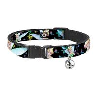 Disney Breakaway Cat Collar With Bell, Plastic Clip, Easy Adjustable, Glowing Tinker Bell Butterflies Flowers Black Multi Neon, 8.5 to 12 Inches 0.5 Inch Wide