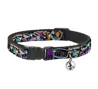 Disney Breakaway Cat Collar With Bell, Plastic Clip, Easy Adjustable, Lightyear Mission Patches Collage Black Multi Color, 8.5 to 12 Inches 0.5 Inch Wide