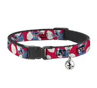 Disney Breakaway Cat Collar With Bell, Plastic Clip, Easy Adjustable, Lilo Stitch 4 Poses Lilo Dress Leaves Red Ivory, 8.5 to 12 Inches 0.5 Inch Wide
