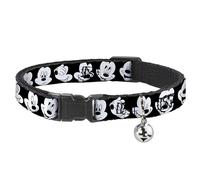 Disney Breakaway Cat Collar With Bell, Plastic Clip, Easy Adjustable, Mickey Mouse Expressions Close Up Black White, 8.5 to 12 Inches 0.5 Inch Wide