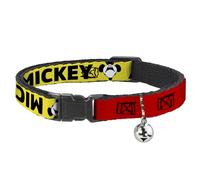 Disney Breakaway Cat Collar With Bell, Plastic Clip, Easy Adjustable, Mickey Smiling Up Pose Flip Buttons Yellow Black Red, 8.5 to 12 Inches 0.5 Inch Wide