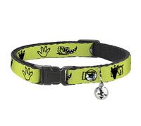 Disney Breakaway Cat Collar With Bell, Plastic Clip, Easy Adjustable, Monsters Inc Mike Icons Greens Black White, 8.5 to 12 Inches 0.5 Inch Wide