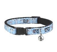Disney Breakaway Cat Collar With Bell, Plastic Clip, Easy Adjustable, Stitch 3 Poses Sky Blue Black White, 8.5 to 12 Inches 0.5 Inch Wide