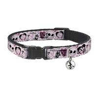 Disney Breakaway Cat Collar With Bell, Plastic Clip, Easy Adjustable, The Nightmare Before Christmas Jack and Sally Doodles Pink, 8.5 to 12 Inches 0.5 Inch Wide