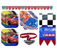 Disney Cars Birthday Party Supplies Bundle includes 16 Lunch Plates, 16 Napkins, 1 Table Cover, 1 Birthday Banner, 1 Medal